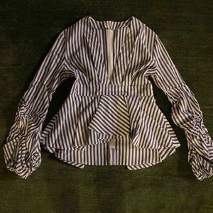 Navy & White Peplum Blouse (deep V)